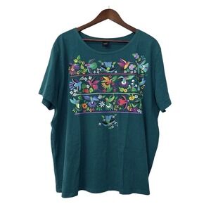 Sabaku Artwear Hummingbird Huipil t-shirt women's 1X teal floral boho southwest